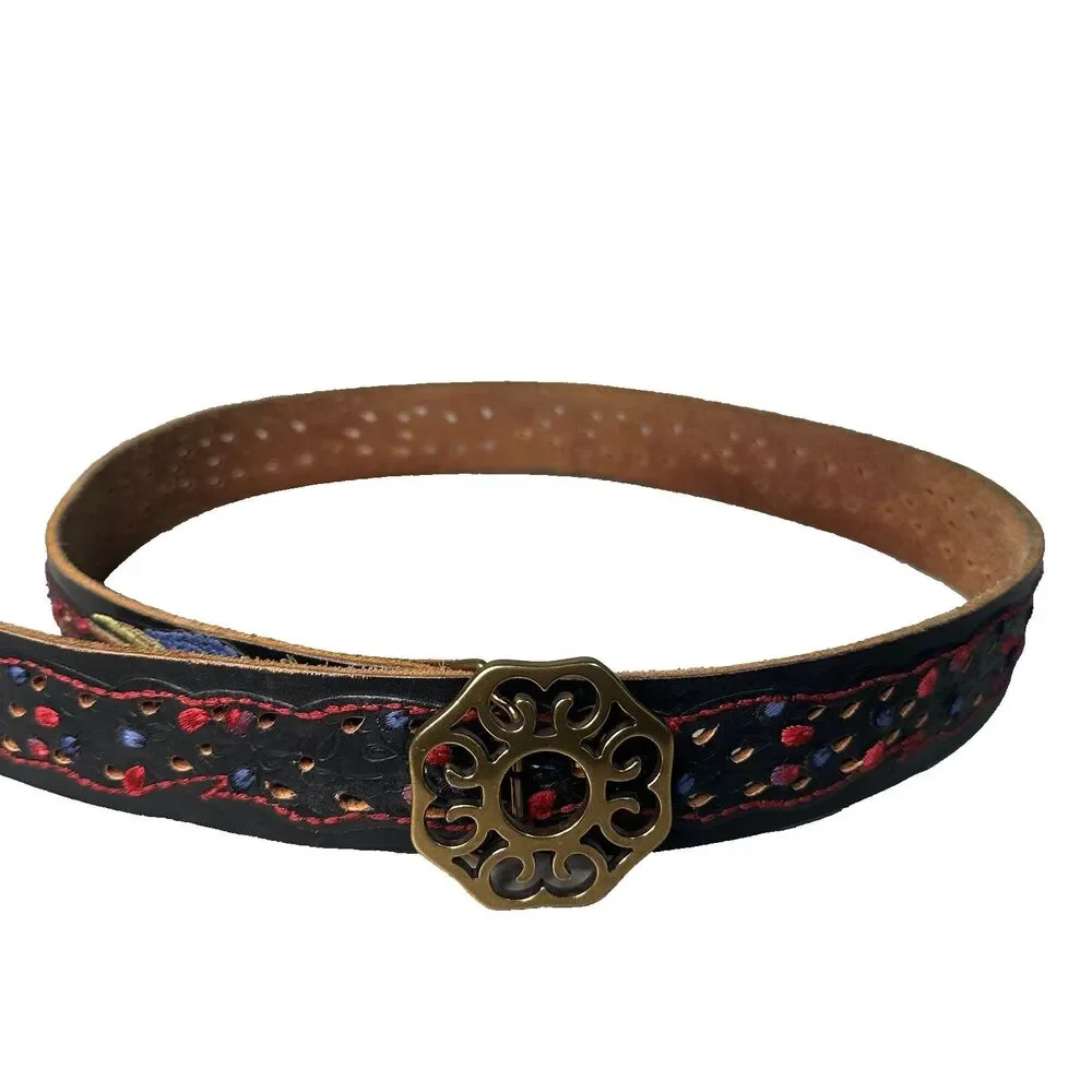Lucky Brand Embroidered Peacock Black Leather Belt Large Studs Boho